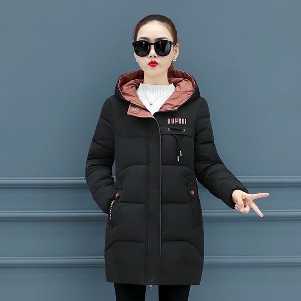 

winter parka for women cotton down jacket with hooded stand-up collar female new fashion warm padded winter coat for womens 201022, Black