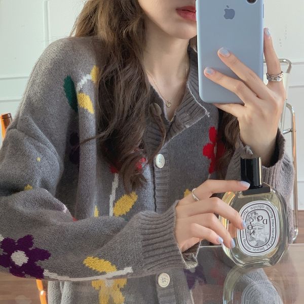 

2020 осень домашний корейский новый стиль осень и зима новый рыхлый и тонкий свитер вышивки sweaterflower кардиган ghyzx, White;black