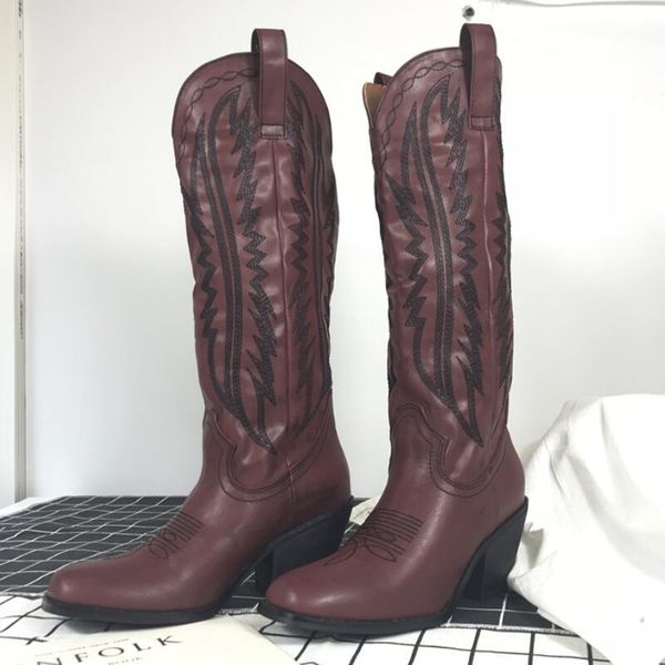 

retro embroidered cowgirl western boots chunky heels knight boots women slip on square toe female shoes cowboy botas feminina, Black