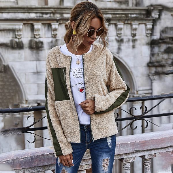 

women's 2021 clothes new around the neck sleeve contrast pocket teddy velvet woman's coat rnjn, Black;brown