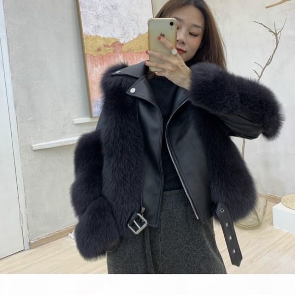 

oftbuy 2020 luxury real fur coat winter jacket women natural fox fur genuine leather sheep skin thick warm vest new, Black