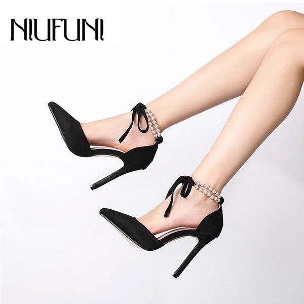 

pointed toe ankle strap women's sandals pearl d'orsay shoes niufuni stiletto high heels fashion lace up wedding shoes for women t2, Black