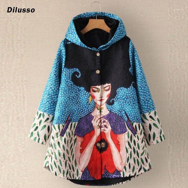 

women winter coats fashion buttons hooded patchwork long sleeve plush size jacket long coat girls print chic retro coats 20211, Black;brown