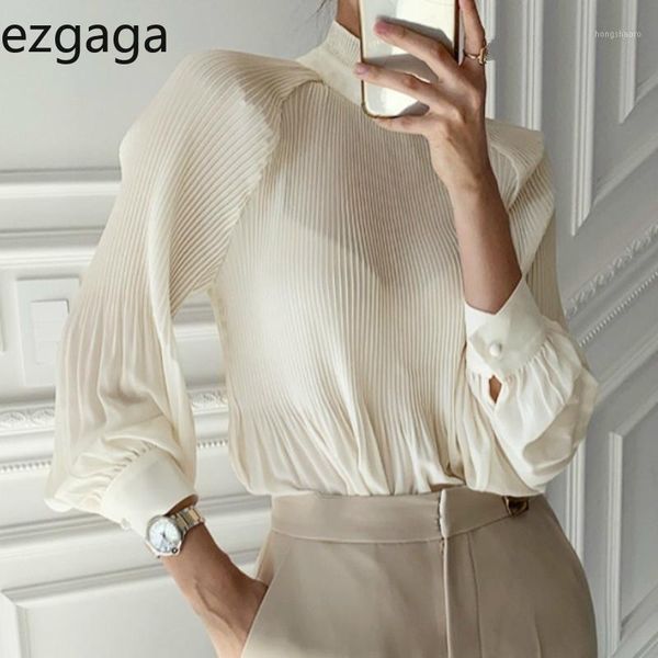 

ezgaga french style elegant shirts women stand collar pleated chic loose solid long sleeve office lady hollow out fashion1, White