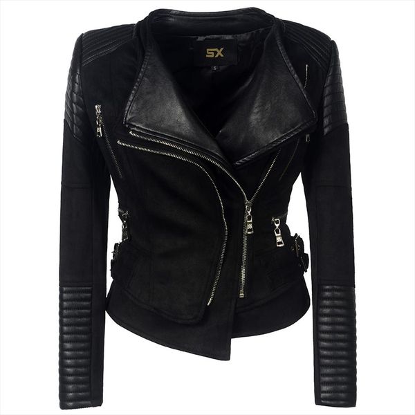 

sx faux pu leather women jacket zipper ladies suede motorcycle coat punk biker outerwear street style long sleeve biker jacket, Black