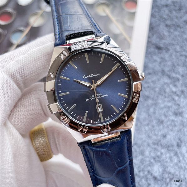 

2021 new three stitches luxury mens watches quartz watch brand clock leather strap men fashion accessories style mystery constellation, Slivery;brown