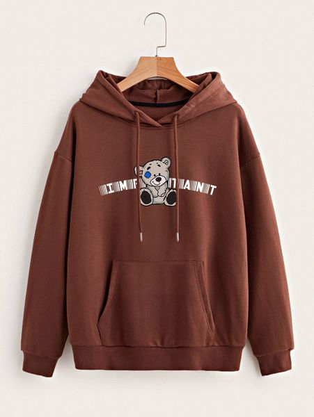

bear and letter graphic drop shoulder drawstring hoodie n6ee#, White;black