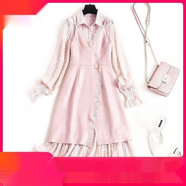 

rayeh onlylace long spring ruffle 2020 mid lapel suspender skirt dress dress suspender skirt 2-piece set 13672 19mmb, Black;gray