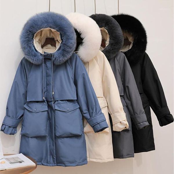 

winter white duck down jackets women fur hooded oversize thick warm coat autumn casual long loose large fur collar puffer jacket1, Black