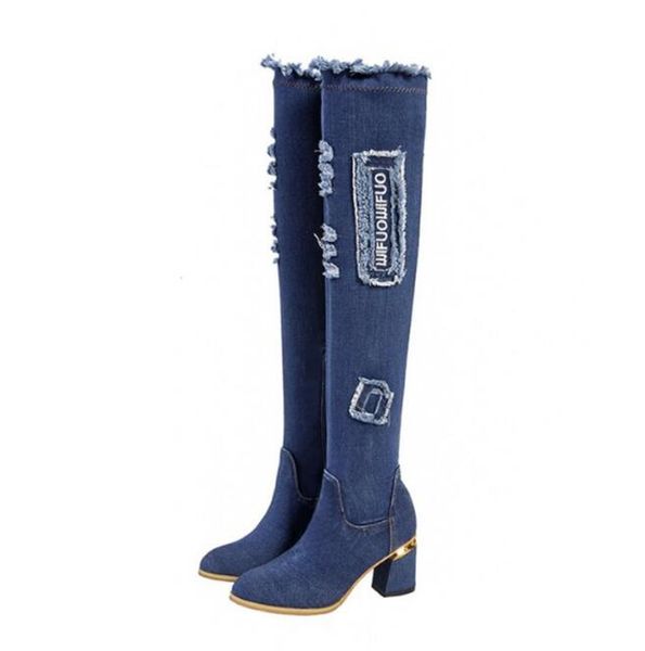 

denim stretch women's boots over the knee long boots metal thick heel high heel autumn and winter boots, Black