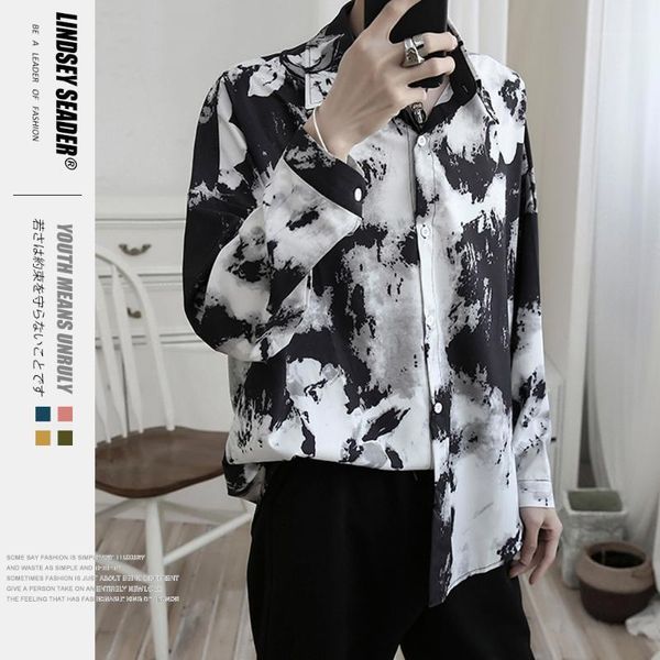 

lindsey seader mens tie-dyed printed long sleeve shirts 2020 male vintage casual hawaiian shirt black dress shirt streetwear1, White;black