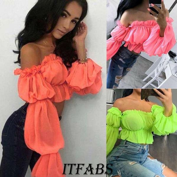 

womens chiffon off shoulder ruffle sleeve shirt loose casual 1, White