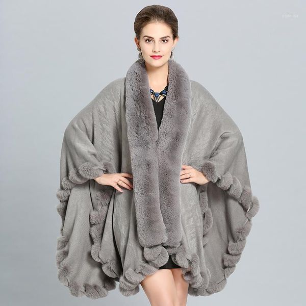 

winter coat 2018 new women elegant fur coat faux fur cloak capes surround wool thick warm long knitted ponchos1, Black