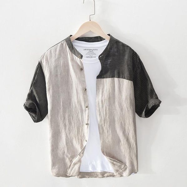 

summer new linen striped stitching t-shirt short-sleeved shirt men's 644, White;black