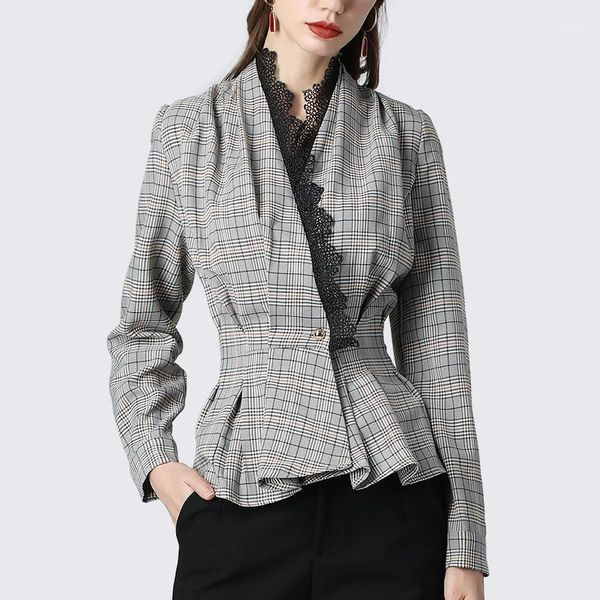 

women brown plaid jacket elegant high waist pleated lace ruffle v-neck long sleeve peplum office ladies new autumn jackets1, Black;brown