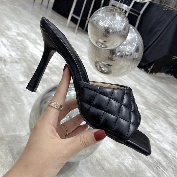 

slippers women pu diamond square head peep toe high heel 2021 summer fashion slip on thin heels slides mules party1, Black