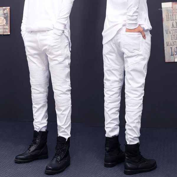 

wholesale-new arrival mens stretch cotton hip hop white black skinny biker jeans pleated on the knee 5 colors plus size28-38 m2301, Blue