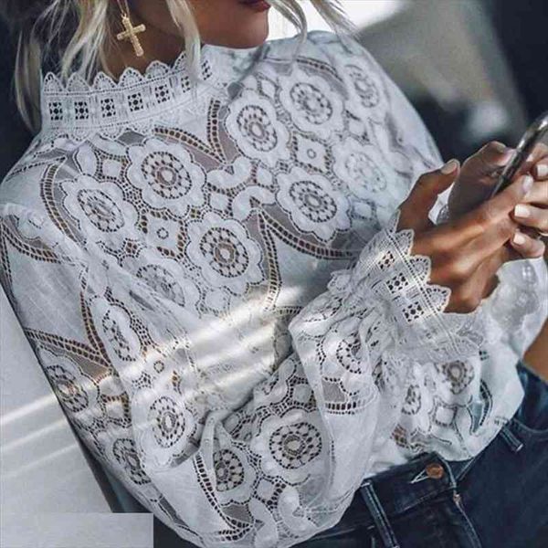 

Arrival Women Hollow Out Long Sleeve Tops Blouse Elegant Summer White Floral Lace Blouse