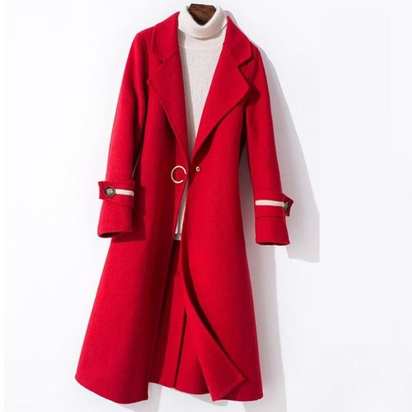 

women's wool & blends 2021 fashion british style winter women jacket high-end double-sided long overcoat slim warm coat casual clothing, Black