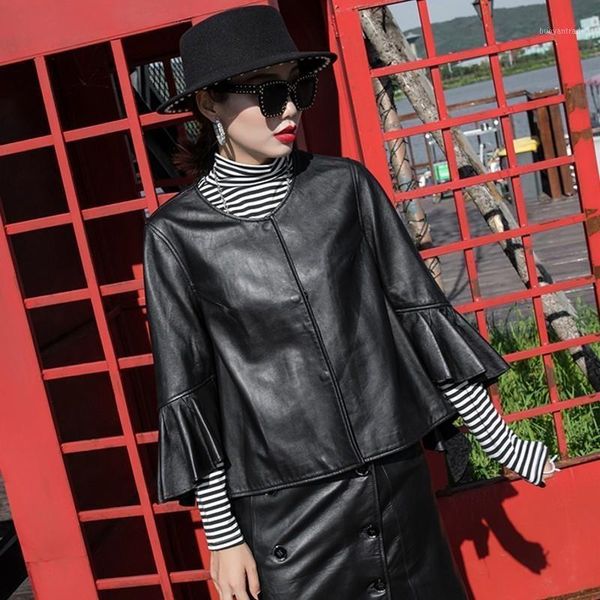 

women's leather & faux fashion genuine sheepskin womens short jackets three quarter flare sleeve single breasted o-neck loose coats plu, Black