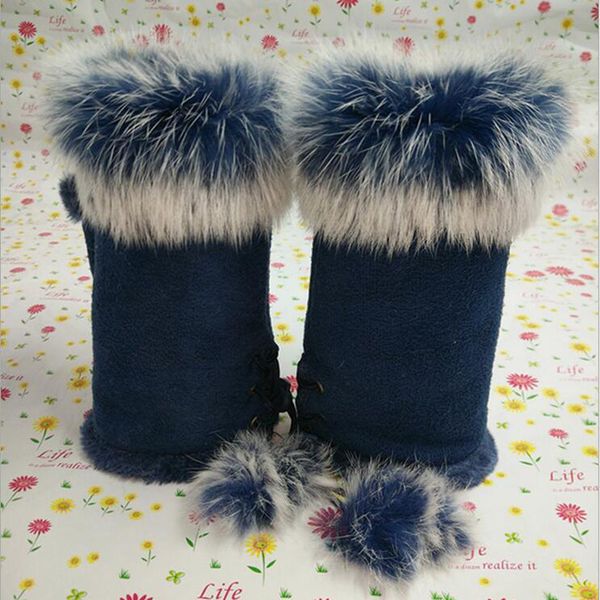 

female rabbit hair wrist fingerless computer typing mittens winter women suede leather warm thick cashmere gloves g58, Blue;gray