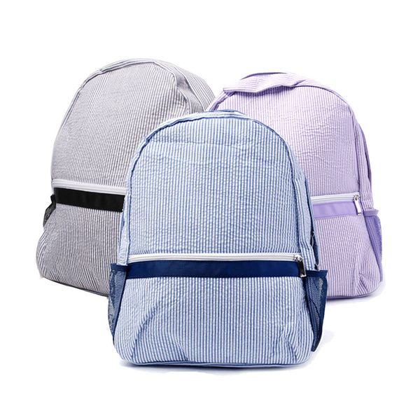 Regular Seersucker School Bag CN Armazém Tecido de Algodão Zíper Fechamento Doces Stripes Kids Book Sacos Soft Back-To-School Mochila Domil106-031