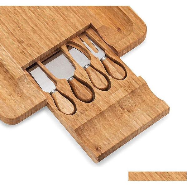 

bamboo cheese board set with cutlery in slide-out drawer including 4 stainless steel knife and jllngp bdesybag