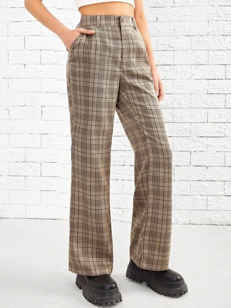 

high waisted plaid print zip up pants r3vc#, Black;white