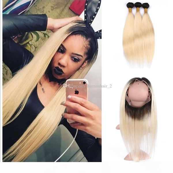 

new arrive 8a peruvian virgin human hair bundles straight two tone 1b 613 blonde ombre hair weaving with 360 lace frontal closure, Black;brown