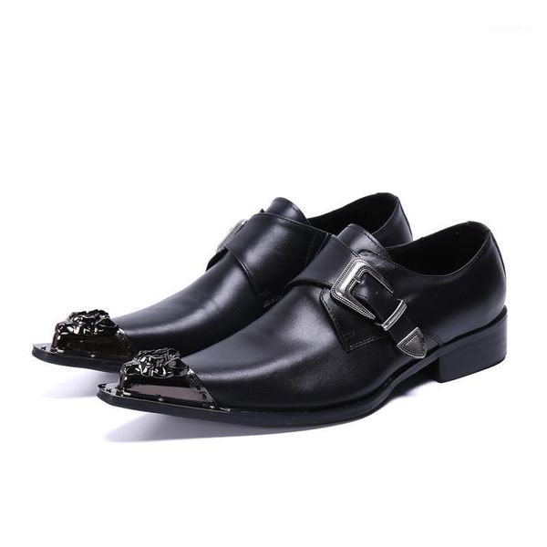 

dress shoes mens luxury genuine leather men trendy business casual fashion metal pointed toe buckle design man 37-461, Black