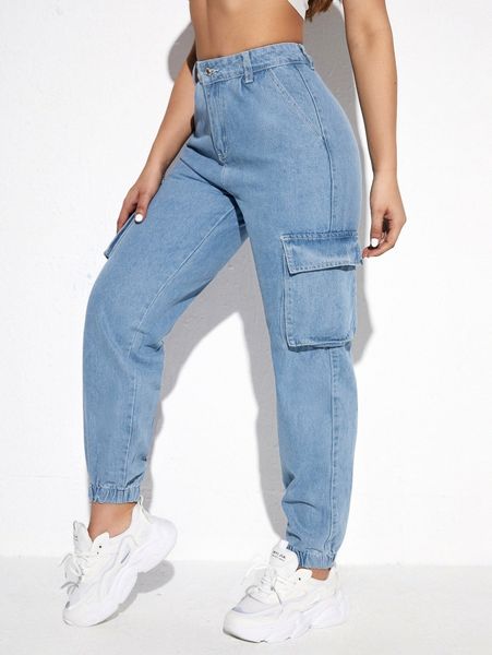 

high waisted contrast stitch flap pocket cargo jeans w0u3#, Blue