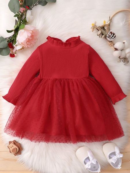 

baby girl ruffle neck dobby mesh flared dress she, Red;yellow