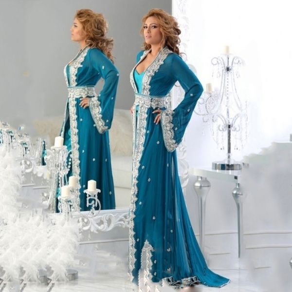 

2021 arabic moroccan kaftan blue evening dresses flare long sleeves white lace appliques turkey dubai chiffon formal party dress vestidos, Black;red