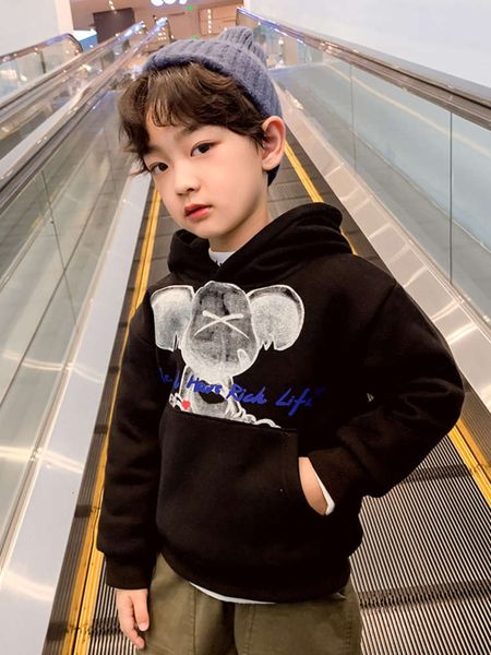 

children's new 2021 sweater korean winter boy's cartoon hooded plush pullover c433, Black