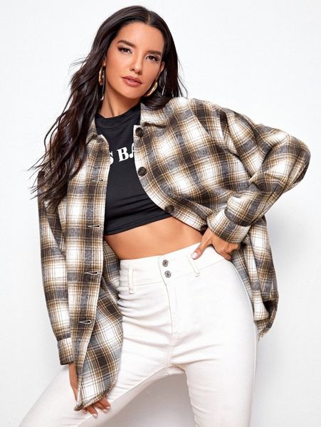 

plaid button-front drop shoulder overshirt y6td#, Black