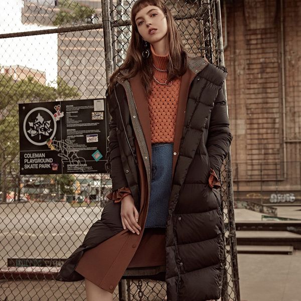 

womens' winter new medium and long black down jacket partial sill design hooded collar