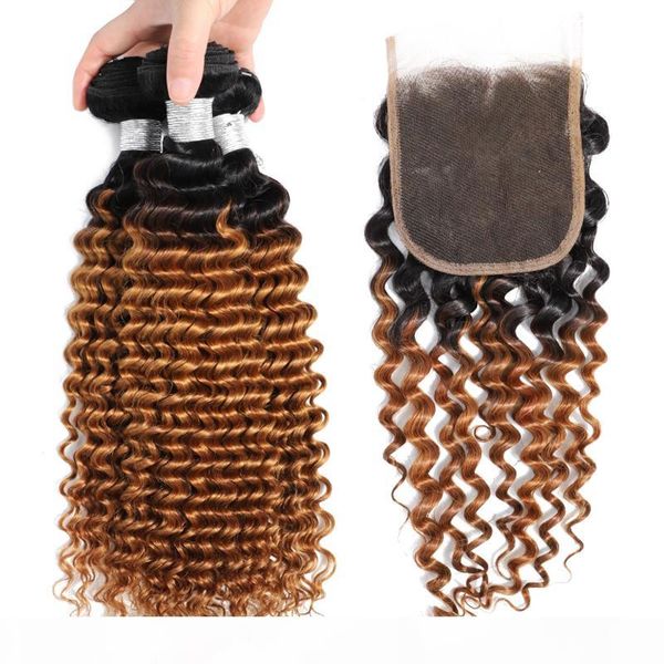 

1b 27 deep wave ombre человеческих волос пучки с кружевом закрытие 2 tone цветные блонд бразильские виргинские фигурные ombre переплетений с, Black