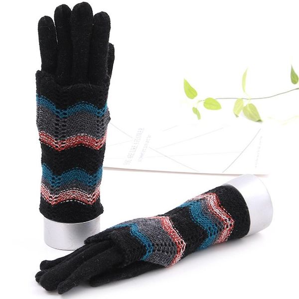

five fingers gloves young ladies knitted winter two-color stitching glove autumn double warmth thick mittens for ski skating 2021, Blue;gray