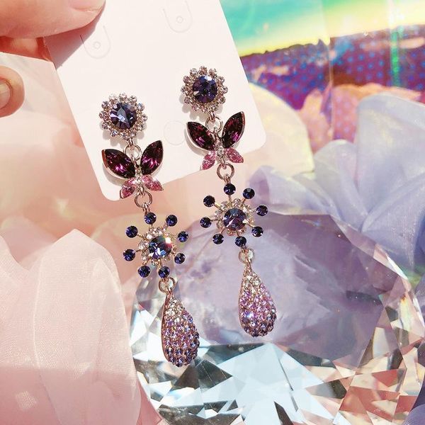 

mengjiqiao korean luxury crystal butterfly dangle earrings for women girls elegant flower fashion party jewelry gifts, Silver