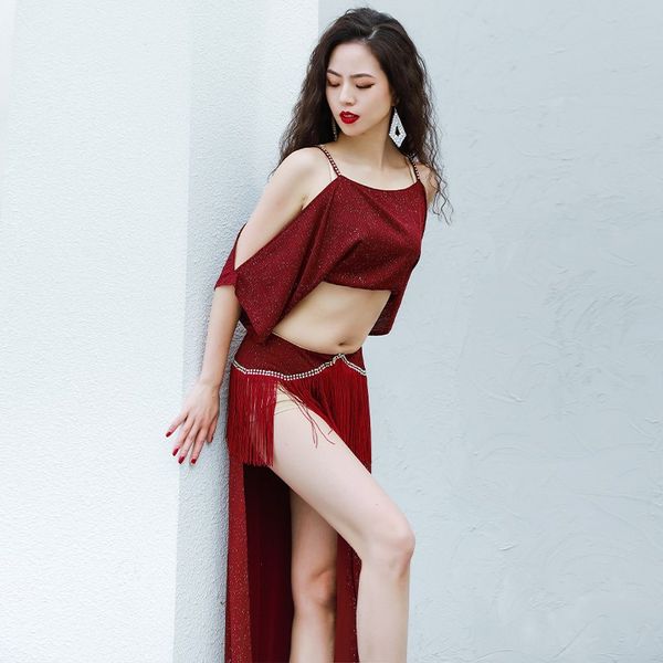 

belly dance costume set skirt and 2 piece womens stage show clothing bellydance outfit shoulder off shirt black, Black;red