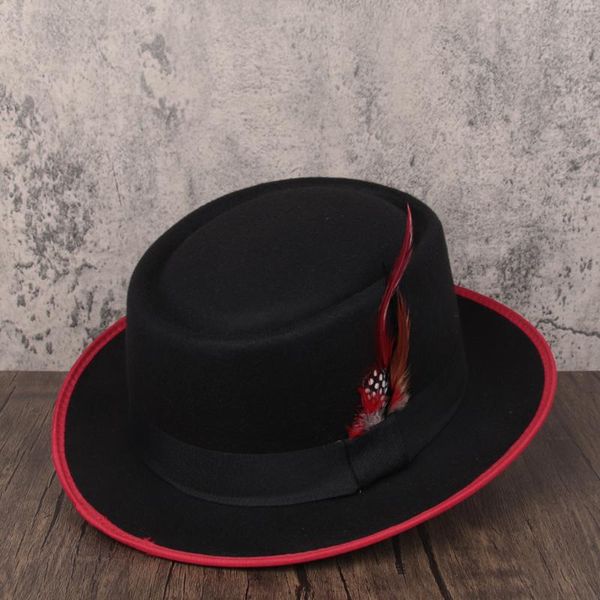 

wide brim hats men women flat wool fedora hat pork pie red feather jazz size 58cm, Blue;gray