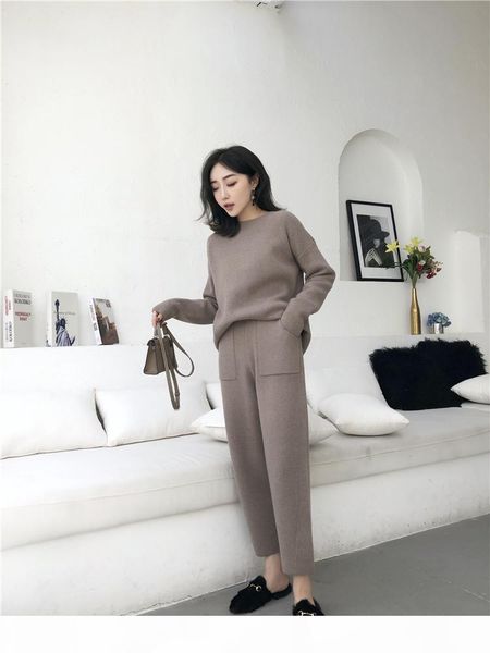 

knitted 2 pieces set tracksuits women 2019 autumn winter thick warm o-neck loose sweater+ankle-length pants warm cashmere suit t191231, White