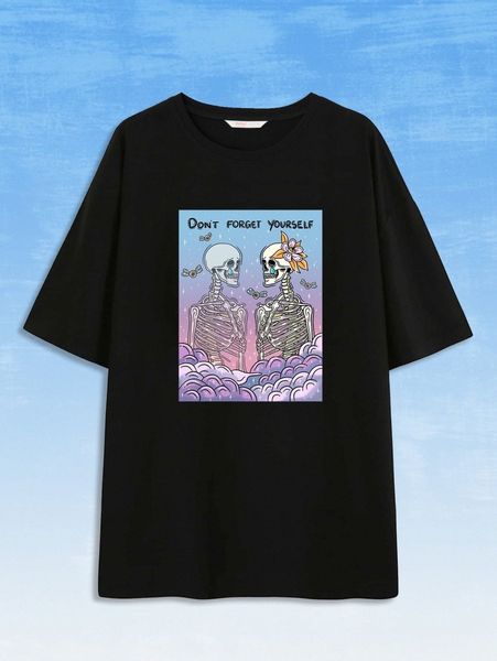 

romwe x sadskelly skeleton & slogan graphic tee 83vq#, White