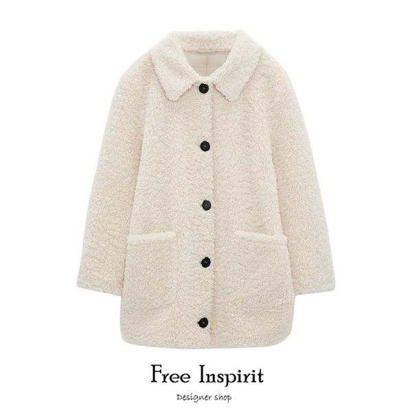 

women's wool & blends 2021 inspirit arrival winter female loose casual coat button pockets turn-down collar solid fleece, Black