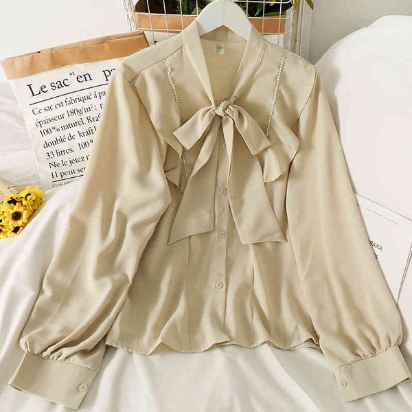 

Chic Shirt Woman Spring Ins Fashion Commuter Solid Beaded Large Bow Loose Long-sleeved Single-breasted Blouse, White