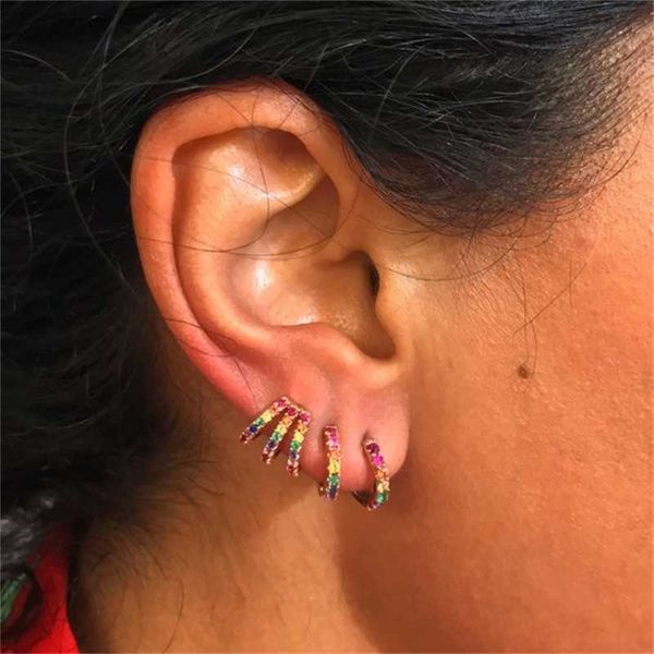 

cubic hoop zirconia earring paved huggie rainbow cz fashion jewelry for women 925 sterling silver delicate minimal stunning earrings, Golden;silver