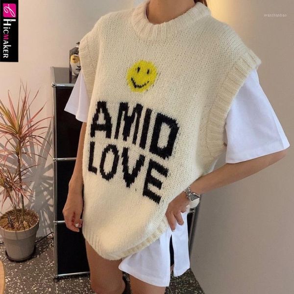 

women sleeveless lovely smiling face letters round collar loose lazy knitted vest1, Black;white