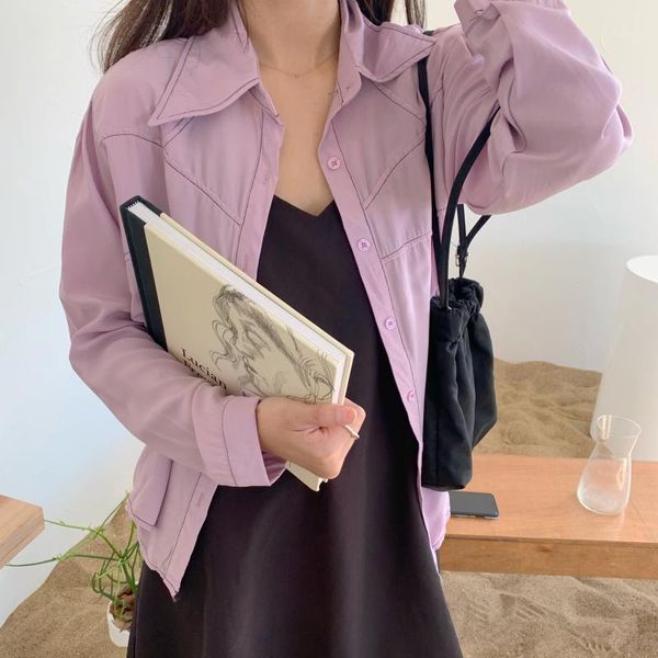 

retro fashion loose single-breasted long sleeve blouse purple spring blouse for girls1, White