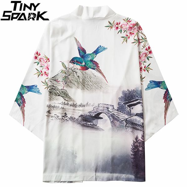 

japanese kimono jacket colorful flying bird chinese painting 2020 men streetwear jacket coat casual thin gown japan, Black;brown