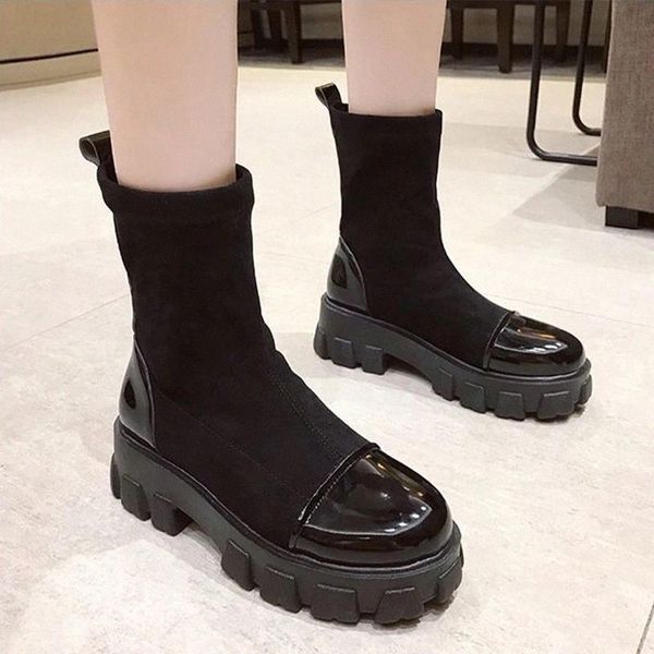 

women's ankle boots flock ladies thick platform short boot slip on sock shoes woman female new fashion autumn winter women shoes #rq9s, Black